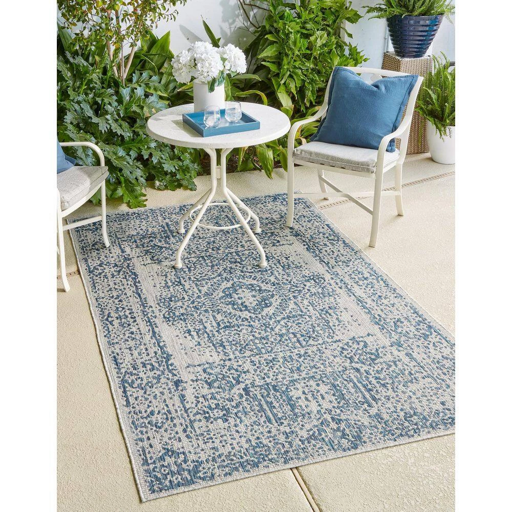 Outlet ✔️ Azure Blue Timeworn Outdoor 9 ft. x 12 ft. Area Rug by Unique Loom ✔️ 4 Outlet ✔️ Azure Blue Timeworn Outdoor 9 ft. x 12 ft. Area Rug by Unique Loom ✔️ - Image 2