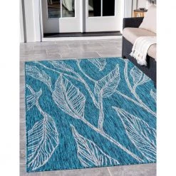 Wholesale ⭐ Outdoor Leaf Teal 9 ft. x 12 ft. Area Rug by Unique Loom ✔️ -Unique Loom Shop teal gray unique loom outdoor rugs 3144925 31 1000